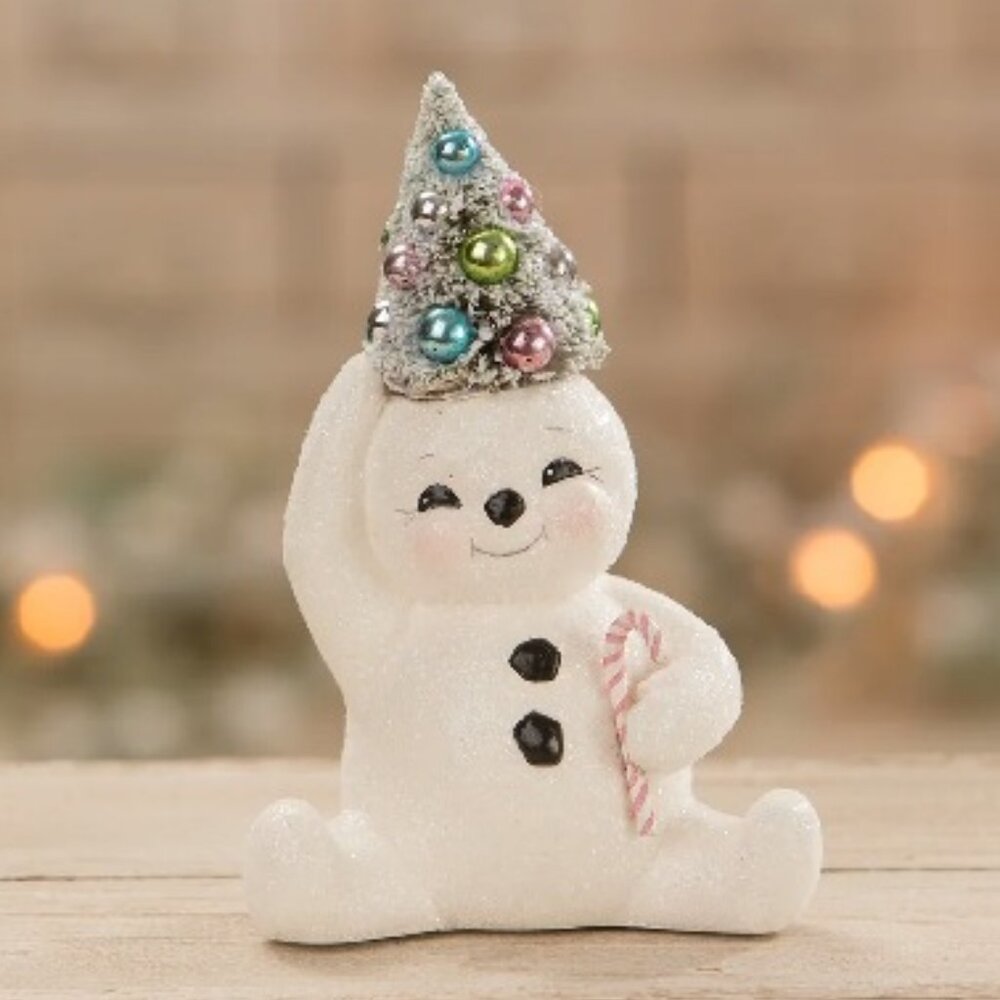 Bethany Lowe Christmas Pastel Candy Cane Snowman w/ Bottlebrush Tree NEW